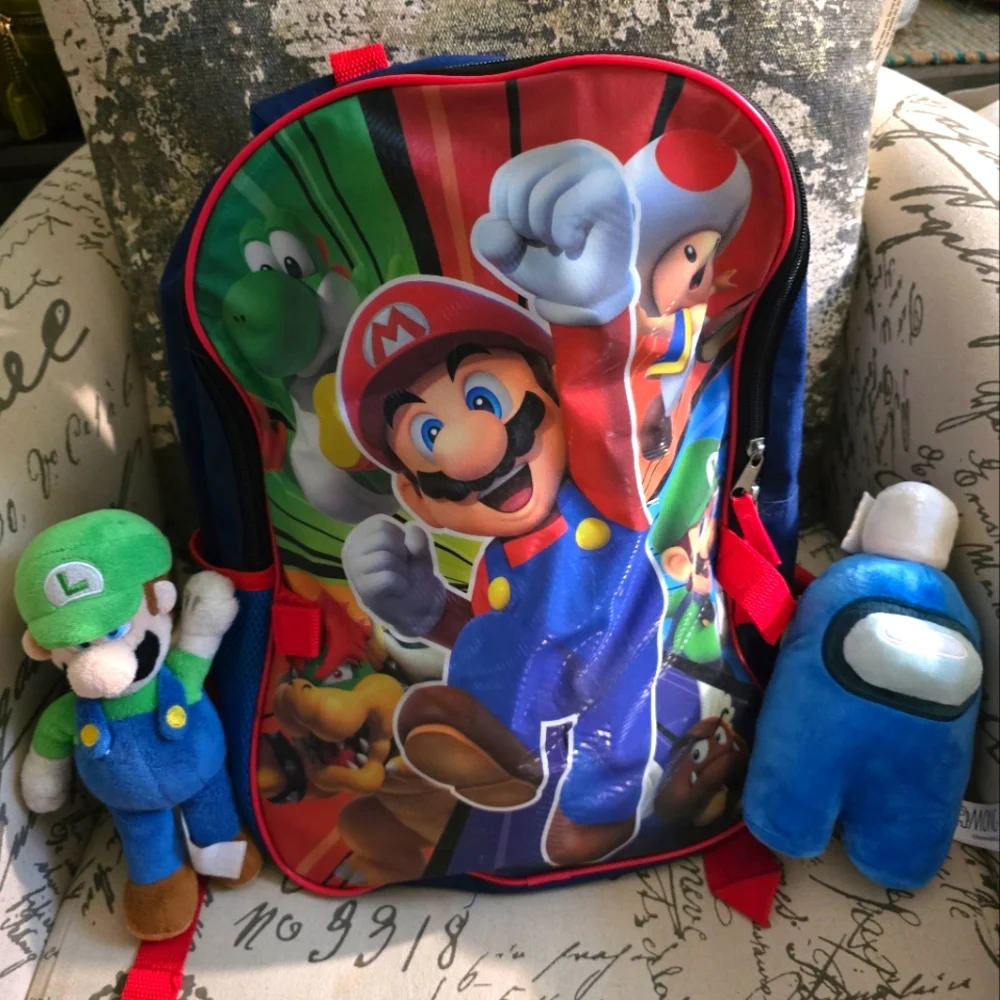 Mario Large Bookbag Backpack With 2 Plush Toys EUC